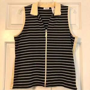 Liz & Co Black, White Stripped Sleeveless V-neck w/ Yellow Collar and a Zipper